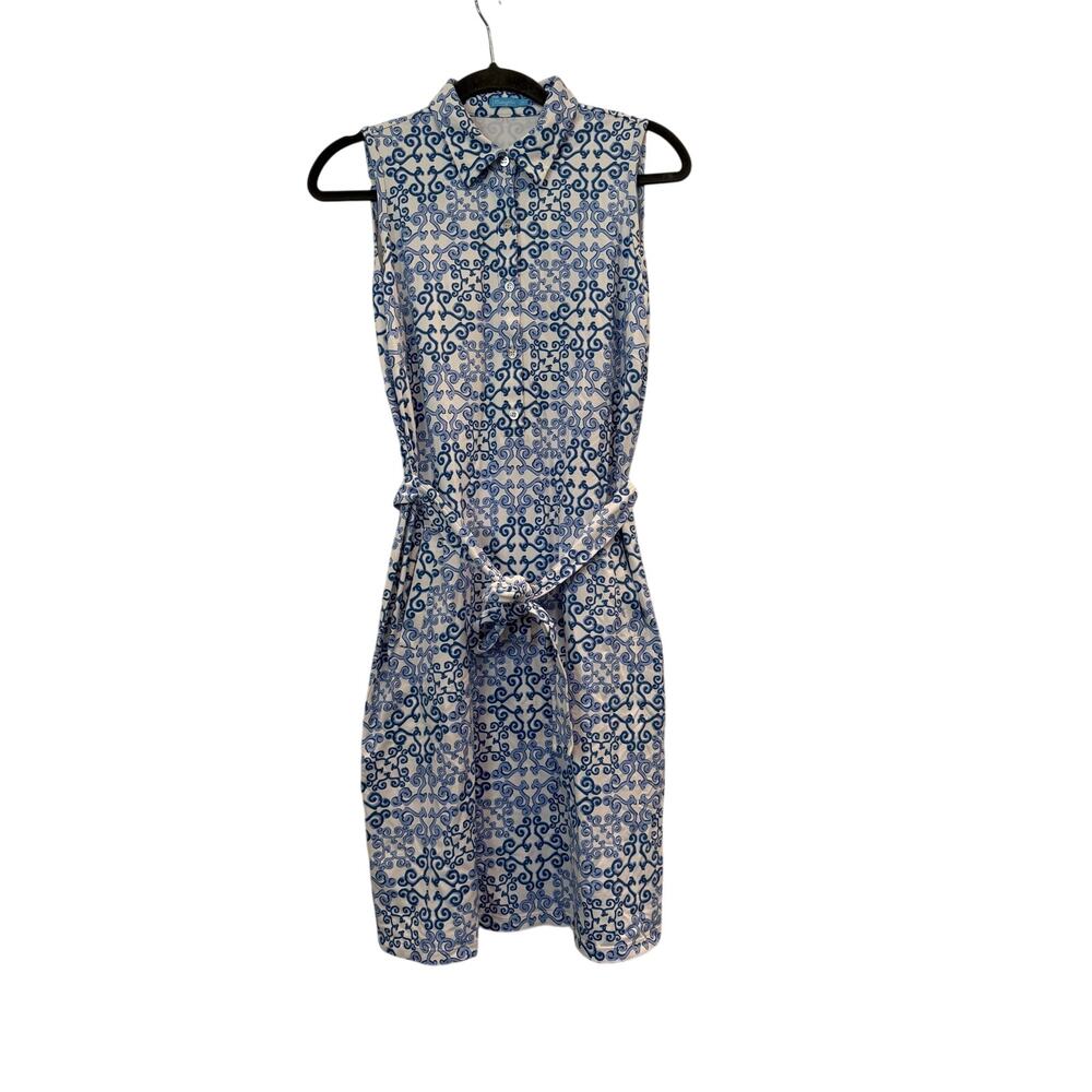 J McLaughlin Blue and White Geometric Shirt Dress Sz Med(tam